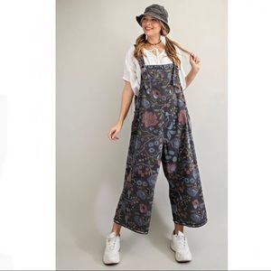 Easel Oversized Floral Denim Overalls